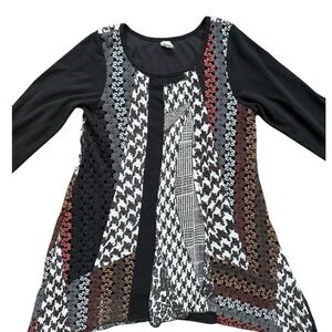 Dikalady Tunic Top Womens Med Patchwork Geometric Asymmetrical Black Lined Art
